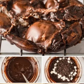 A collage shows gooey chocolate fudge cookies with marshmallows. The top image highlights a large, cracked cookie on a cooling rack. Other panels show mixing chocolate, adding marshmallows, and close-ups of finished cookies.