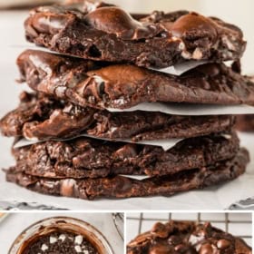 A stack of rich chocolate fudge cookies with marshmallows. Below, a bowl of chocolate batter with chocolate chips and marshmallows, and a close-up of a baked cookie on a wire rack.