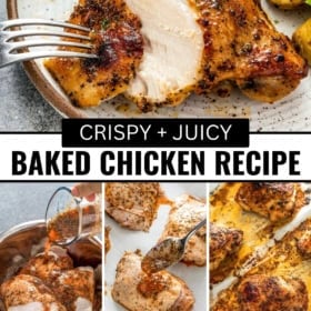 A collage shows a plate of crispy baked chicken breasts with potatoes, seasoning being poured on raw chicken, seasoned chicken being forked, chicken being baked.
