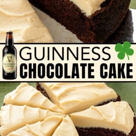 A rich chocolate cake with Guinness frosted with creamy Baileys buttercream is sliced and served on a white plate.