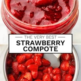 Top: A jar filled with thick strawberry compote. Bottom: Chopped fresh strawberries being cooked in a syrup and stirred with a spatula.