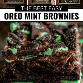 A collage showing steps to make Oreo mint brownies: Mint Oreos in a pan, brownie batter spread over them, and melted andes mints and crumbled Oreos on top. Below is a close-up of stacked, fudgy mint chocolate brownies with mint pieces on top.