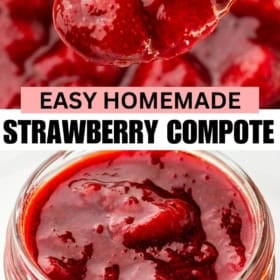 A close-up of strawberry compote on a spoon above a pot, and a jar filled with chunky red strawberry compote.