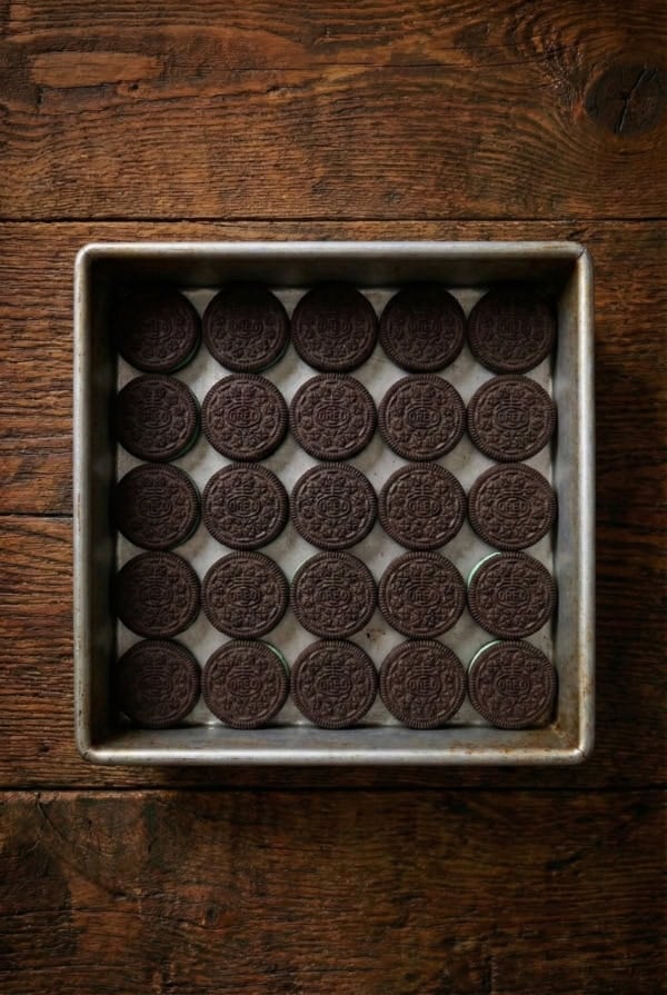 Fudgy chocolate brownies are filled with layers of Mint Oreos and Andes Mints to create these epic Andes Mint Brownies. A square metal baking pan lined with neatly arranged mint Oreo cookies in a single layer.