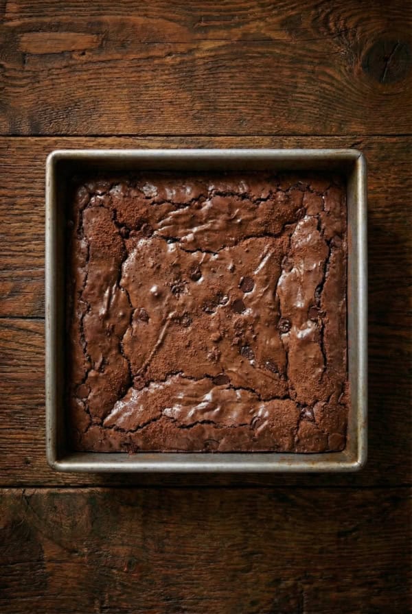 Fudgy chocolate brownies are filled with layers of Mint Oreos and Andes Mints to create these epic Andes Mint Brownies. A square pan of freshly baked brownies with a cracked, glossy top sits on a rustic wooden surface.