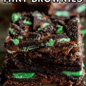 Close-up of a mint brownie topped with pieces of Mint Oreos and melted andes mints.