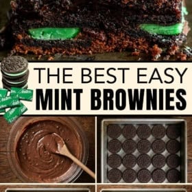 A stack of chocolate mint brownies with green mint pieces, shown above step-by-step images of brownie batter, mint Oreo cookies, chopped andes mints, and brownies in baking pans.