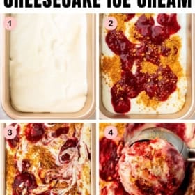 Four-step collage showing how to make no-churn strawberry cheesecake ice cream: plain creamy base, base with strawberry sauce and crumbs, swirled mixture, and a scoop of finished ice cream with visible swirls and crumbs.