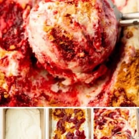 A close-up of creamy strawberry cheesecake no-churn ice cream being scooped, with swirls of strawberry sauce and crumbled crust. Below are step-by-step images showing the ice cream base, strawberry sauce, and finished dessert.