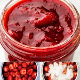 A jar of strawberry compote surrounded by step-by-step images: fresh strawberries in a bowl, strawberries covered with sugar, strawberries cooking, and the finished compote being stirred.