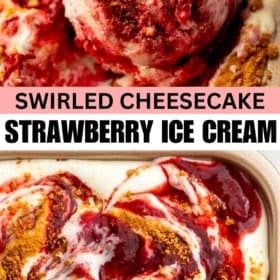 Close-up of swirled cheesecake strawberry ice cream with graham cracker crumbs, showing creamy texture and vibrant strawberry swirl.