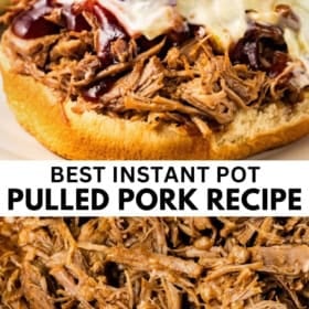 An instant pot pulled pork sandwich with barbecue sauce and coleslaw on a bun is shown above shredded pulled pork.