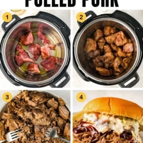 Four-step pulled pork instant pot recipe: raw pork pieces in an Instant Pot, browned pork in the pot, shredded pork in a bowl with forks, and a pulled pork sandwich topped with coleslaw and barbecue sauce.