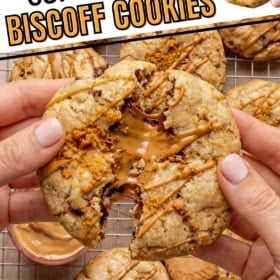 A person pulls apart a stuffed Biscoff cookie, revealing a gooey, melty cookie butter center.