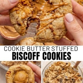 Close-up of a hand holding a stuffed Biscoff cookie with a gooey cookie butter center, cookie butter drizzle on top, and more cookies on a cooling rack. Below are shots of dough with cookie butter center and a bowl of mixed cookie dough.