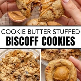 A collage shows hands breaking a stuffed cookie filled with Biscoff cookie butter, cookie dough being mixed, and a flattened ball of cookie dough topped with a dollop of Biscoff.