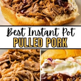 An instant pot pulled pork sandwich topped with barbecue sauce and coleslaw on a bun, with close-up shots of juicy shredded pork.