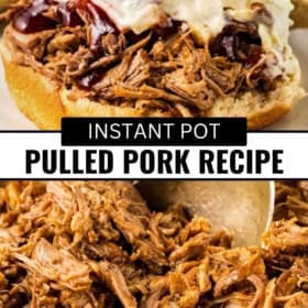 Close-up of an instant pot pulled pork sandwich with coleslaw and barbecue sauce, and a separate image of shredded pulled pork being served with a spoon.