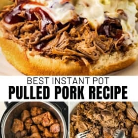 Close-up of a pulled pork sandwich with BBQ sauce and coleslaw. Below, two smaller images show seasoned pork in an Instant Pot and shredded pork being pulled apart with forks.