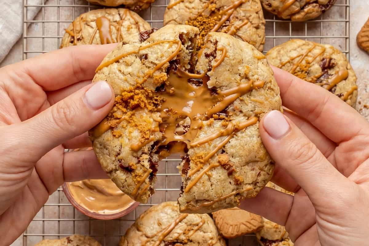 Biscoff Stuffed Cookie Butter Cookie recipe with a molten cookie butter center, crushed Biscoff cookies, and dark chocolate are for serious Biscoff lovers! Hands breaking a large stuffed biscoff cookie butter cookie drizzled with biscoff cookie butter over a cooling rack filled with similar cookies and Biscoff biscuits.