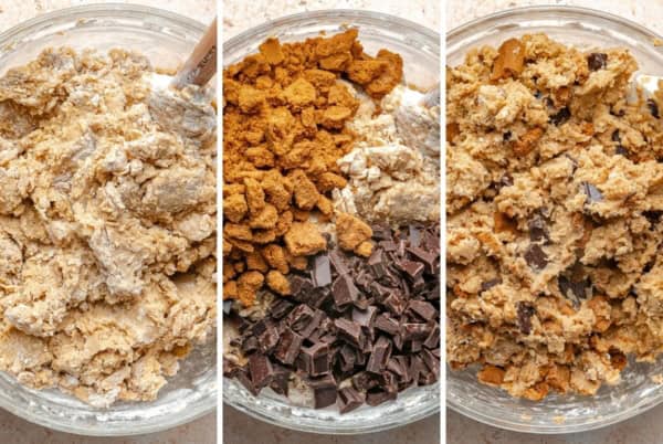 Biscoff Stuffed Cookie Butter Cookie recipe with a molten cookie butter center, crushed Biscoff cookies, and dark chocolate are for serious Biscoff lovers! Three side-by-side photos of a glass bowl with cookie dough: first with plain dough, second with chunks of chocolate and biscoff cookie pieces added, and third with everything mixed together.