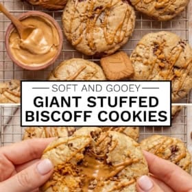 A cooling rack with large stuffed cookies drizzled with Biscoff spread, a bowl of Biscoff, and hands pulling apart a gooey, chocolate and cookie butter filled biscoff cookie.