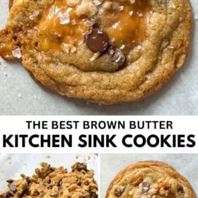 A gooey brown butter kitchen sink cookies with chocolate chips, caramel, pretzels, toffee chips, and sea salt, cookie dough in a bowl, and another baked cookie.