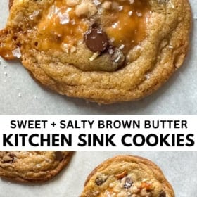 A close-up of brown butter kitchen sink cookies with chocolate chips, pretzel pieces, and toffee bits on a light background.
