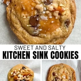 A collage shows a baked kitchen sink cookie with pretzels, chocolate chips, and sea salt on top, dough with the same toppings.