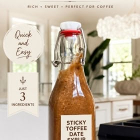 A glass bottle of sticky toffee date syrup with a red and white lid sits on a kitchen counter. Text on the image reads, Sticky Toffee Date Coffee Syrup—Rich, Sweet, Perfect for Coffee—Just 3 Ingredients.