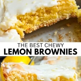 Close-up of chewy lemon brownies with a glossy lemon glaze on top, showcasing their moist, dense texture. One lemon blondie is partially eaten, revealing the inside.