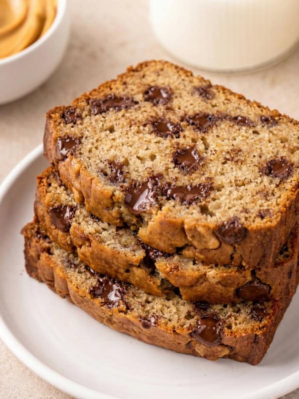 Three slices of chocolate chip peanut butter banana bread stacked on a white plate, with a bowl of peanut butter and a glass of milk in the background.