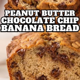 Two close-up photos of sliced peanut butter chocolate chip banana bread, showing a moist texture with melted chocolate chips.