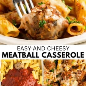 A cheesy meatball casserole with pasta, topped with melted cheese and parsley. Below are photos of uncooked pasta, meatballs, and sauce, and a baked casserole.