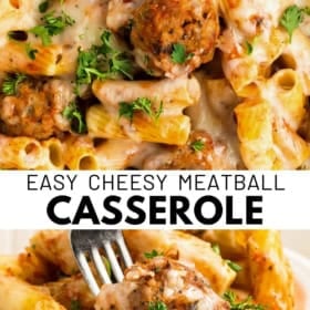 A cheesy meatball casserole with rigatoni pasta, melted cheese, and fresh parsley, shown in a baking dish and served on a plate with a fork.