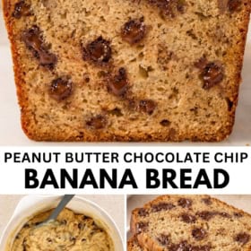 A collage showing a loaf of peanut butter chocolate chip banana bread, a mixing bowl with batter and bananas, and stacked slices of the baked bread.