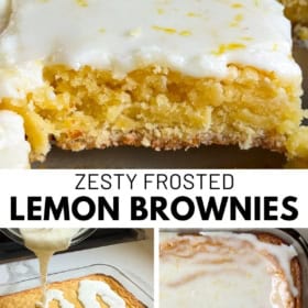 A collage showing zesty frosted lemon brownies. The top image is a close-up of a cut lemon brownie with white icing. Below, one image shows icing being poured over brownies, and another shows the finished glazed brownies in a pan.