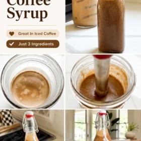 Collage showing a bottle of sticky toffee date coffee syrup, a glass of iced coffee, and date syrup preparation steps.
