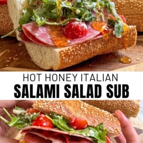A Hot Honey Italian Sub is filled with salami, arugula, cherry tomatoes, and drizzled with hot honey.