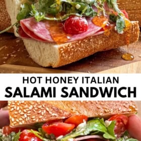 Close-up of a Hot Honey Italian Salami Sandwich filled with salami, arugula, tomatoes, and drizzled with honey.
