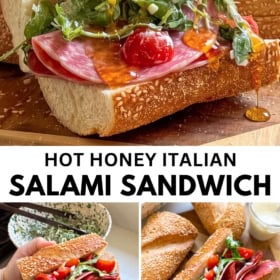 A close-up of a sesame loaf filled with salami, tomatoes, and greens, drizzled with honey. Below are two more views of the Hot Honey Salami Sandwich being held and served.