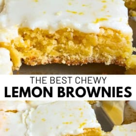 Close-up of chewy lemon brownies with white icing and lemon zest on top, one brownie partially eaten.