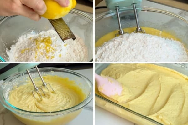 These lemon brownies are thick, chewy, packed with real lemon flavor, and topped with a sweet-tart glaze. Ready for the oven in 10 minutes! A four-panel collage shows lemon zest being grated into flour, an electric mixer with flour and wet ingredients, lemon blondie batter being mixed, and smooth batter spread in a glass baking dish.