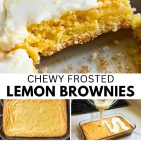 A collage shows chewy frosted lemon brownies: a close-up of a bitten piece, the uncut baked lemon brownie, frosting being poured on top, spreading frosting, and the finished dessert.