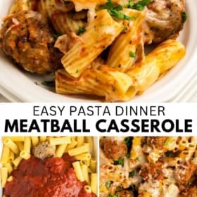 Plate of baked rigatoni pasta with meatballs and melted cheese, topped with parsley. Below are two images: one of uncooked pasta, meatballs, and sauce in a baking dish, and one of the finished baked casserole. Text reads Easy Pasta Dinner Meatball Casserole The Novice Chef.