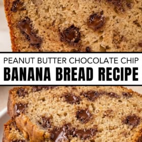 Close-up of sliced peanut butter chocolate chip banana bread, showing melty chocolate chips and a moist texture.