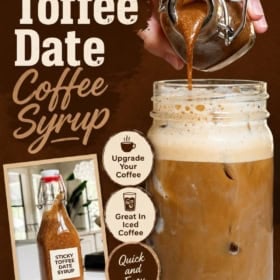 A hand pours sticky toffee date coffee syrup from a glass jar into a mason jar filled with iced coffee. A labeled bottle of homemade coffee syrup and text about its benefits are also shown on a brown background.