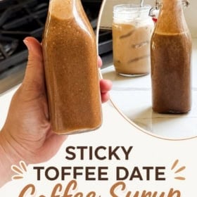 A hand holds a glass bottle of brown date syrup in a kitchen. Nearby, a glass of iced coffee is shown. Text reads: Sticky Toffee Date Coffee Syrup—Just 3 Ingredients! The Novice Chef.