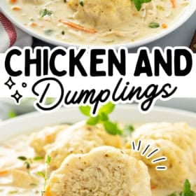 A close-up of creamy chicken and dumplings soup, with fluffy dumplings, shredded chicken, and herbs, labeled Cozy Comfort Food! Chicken and Dumplings.