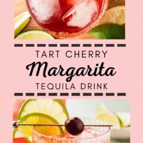 A tart cherry margarita cocktail garnished with a cherry and lime wedge sits in a glass rimmed with seasoning; fresh lime slices are in the background on a pink backdrop.